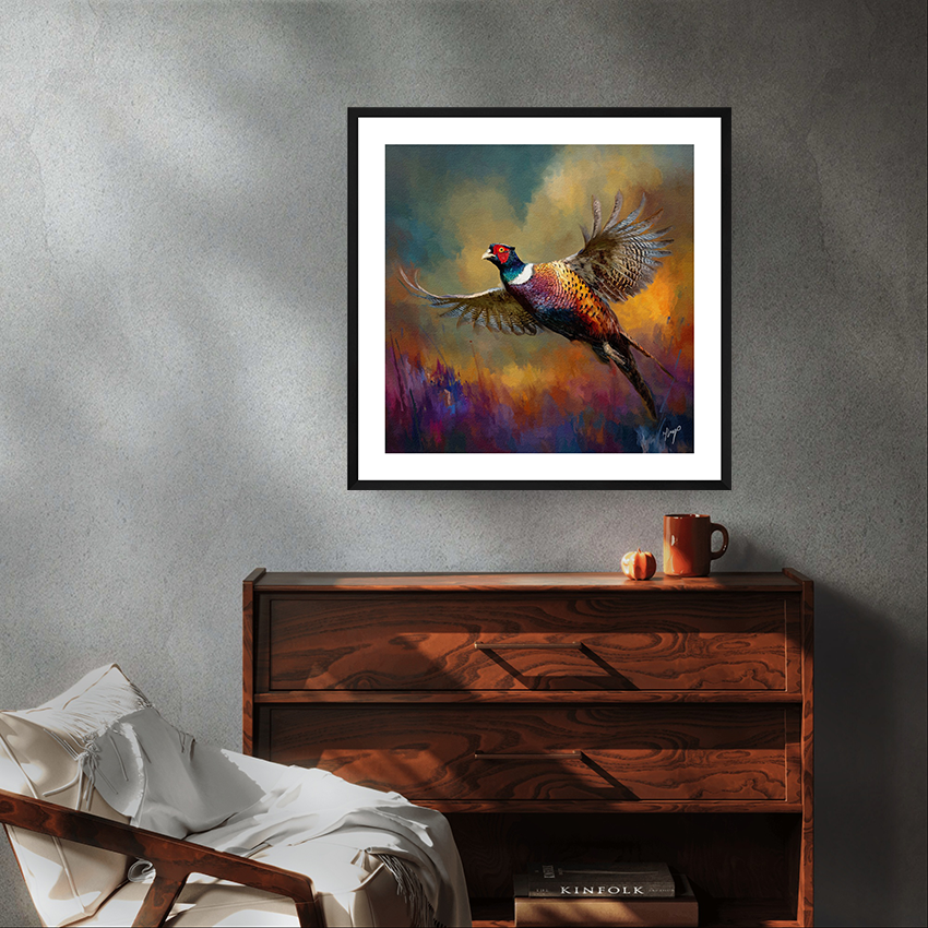 Sudden Flight wildlife art black framed print by Natalie Jump. Capturing the dramatic movement of a pheasant taking flight. 