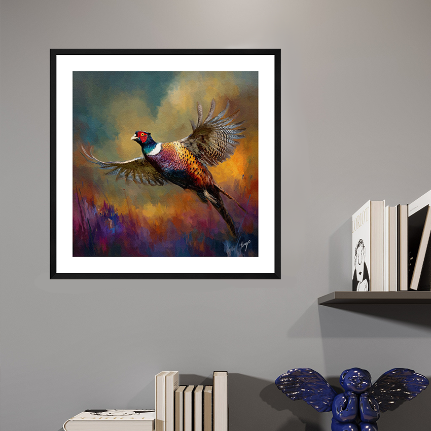 Sudden Flight wildlife art open edition black framed print by Natalie Jump. Capturing the dramatic movement of a pheasant taking flight. 