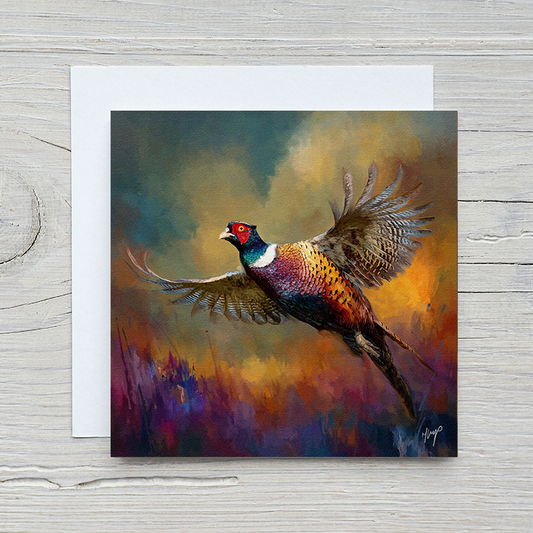Sudden Flight wildlife art greetings card by Natalie Jump. Capturing the dramatic movement of a pheasant taking flight. Cream Envelope.