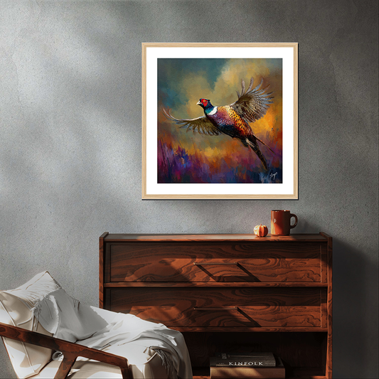 Sudden Flight wildlife art oak framed print by Natalie Jump. Capturing the dramatic movement of a pheasant taking flight. 