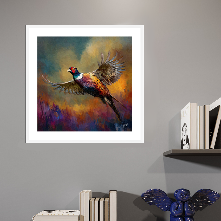 Sudden Flight wildlife art open edition white framed print by Natalie Jump. Capturing the dramatic movement of a pheasant taking flight. 