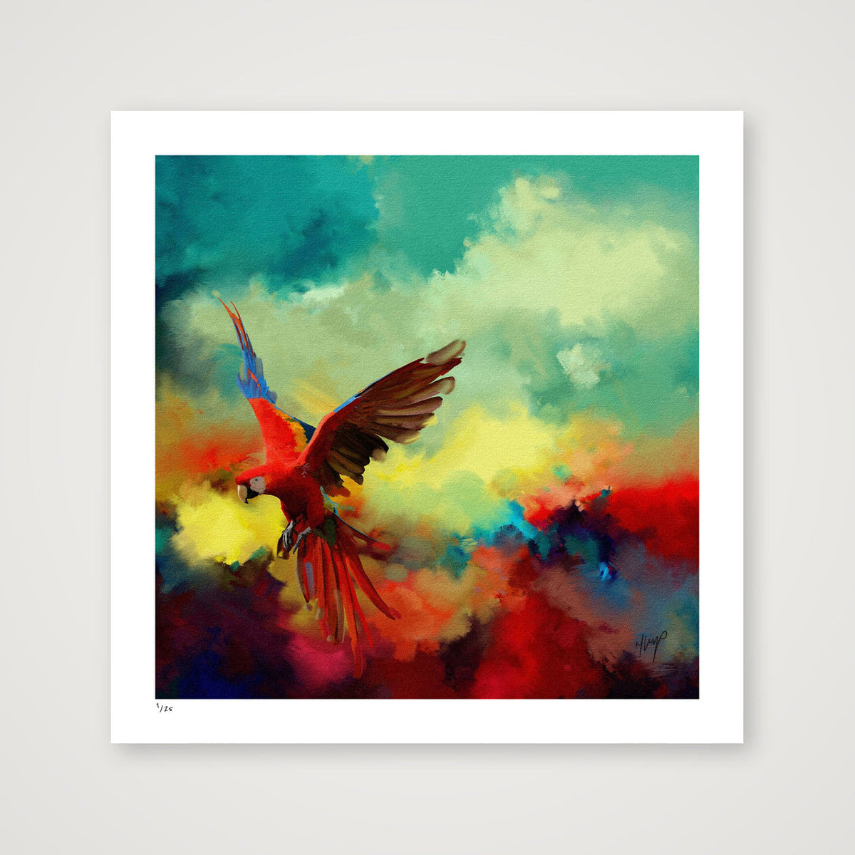 Tropical Drift wildlife art print by Natalie Jump. A vibrant explosion of colour and motion, a macaw is captured mid-flight, its wings extended in a burst of reds, golds and electric blues. 