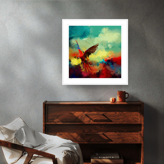 Tropical Drift wildlife white framed limited edition art print by Natalie Jump. A vibrant explosion of colour and motion, a macaw is captured mid-flight, its wings extended in a burst of reds, golds and electric blues. 