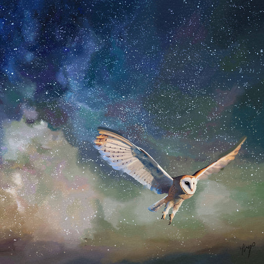 Twilight Flight wildlife art print by Natalie Jump. Gliding silently a barn owl is mid flight, wings spread out gracefully. 