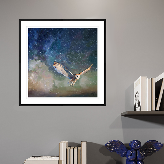 Twilight Flight wildlife art black framed open edition by Natalie Jump. Gliding silently a barn owl is mid flight, wings spread out gracefully. 