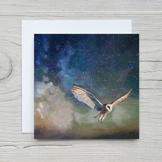 Twilight Flight wildlife art greetings card by Natalie Jump. Gliding silently a barn owl is mid flight, wings spread out gracefully. With a cream envelope.