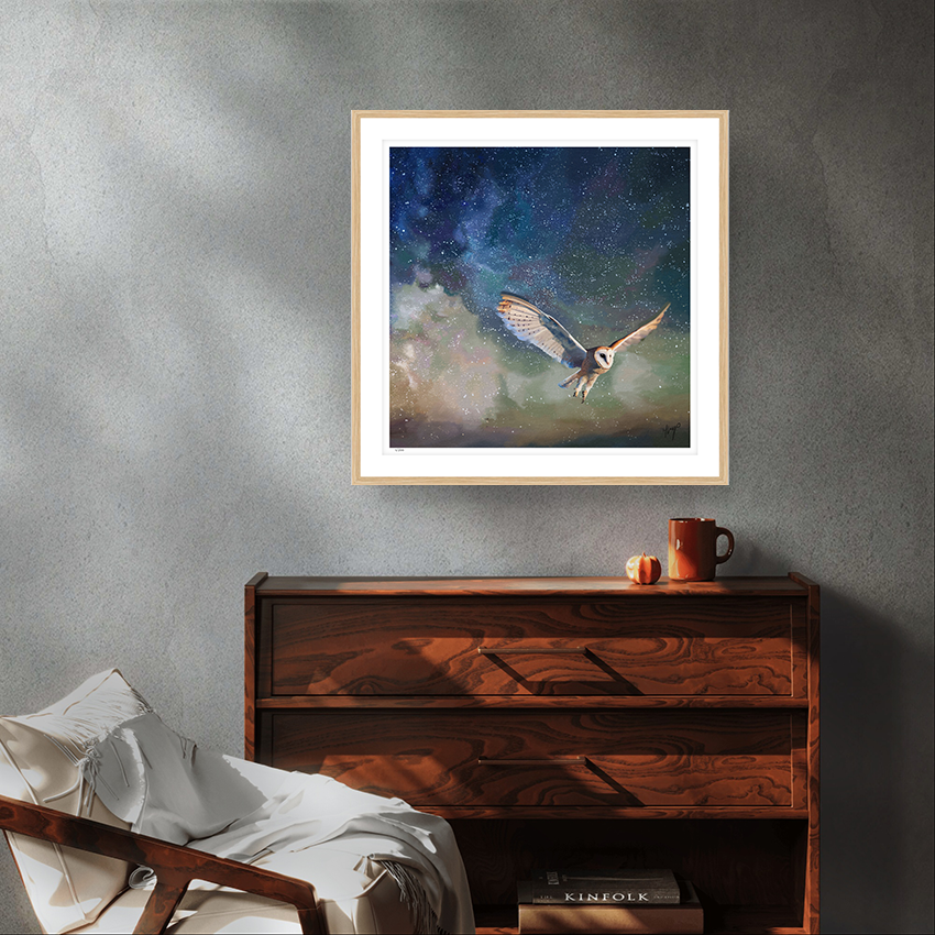 Twilight Flight wildlife art oak framed limited edition by Natalie Jump. Gliding silently a barn owl is mid flight, wings spread out gracefully. 