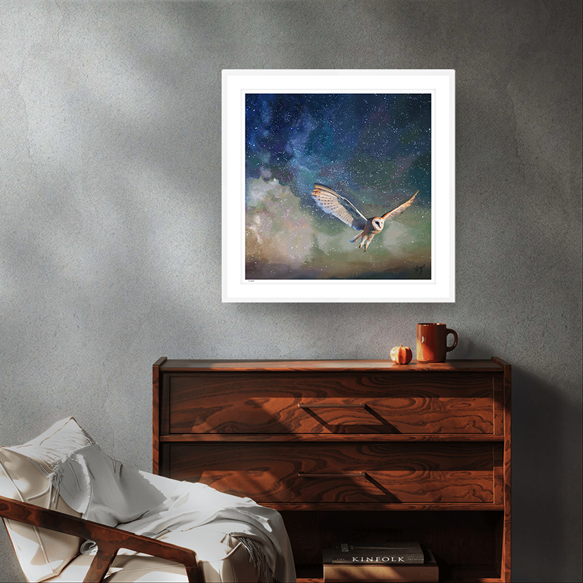 Twilight Flight wildlife art white framed limited edition by Natalie Jump. Gliding silently a barn owl is mid flight, wings spread out gracefully. 