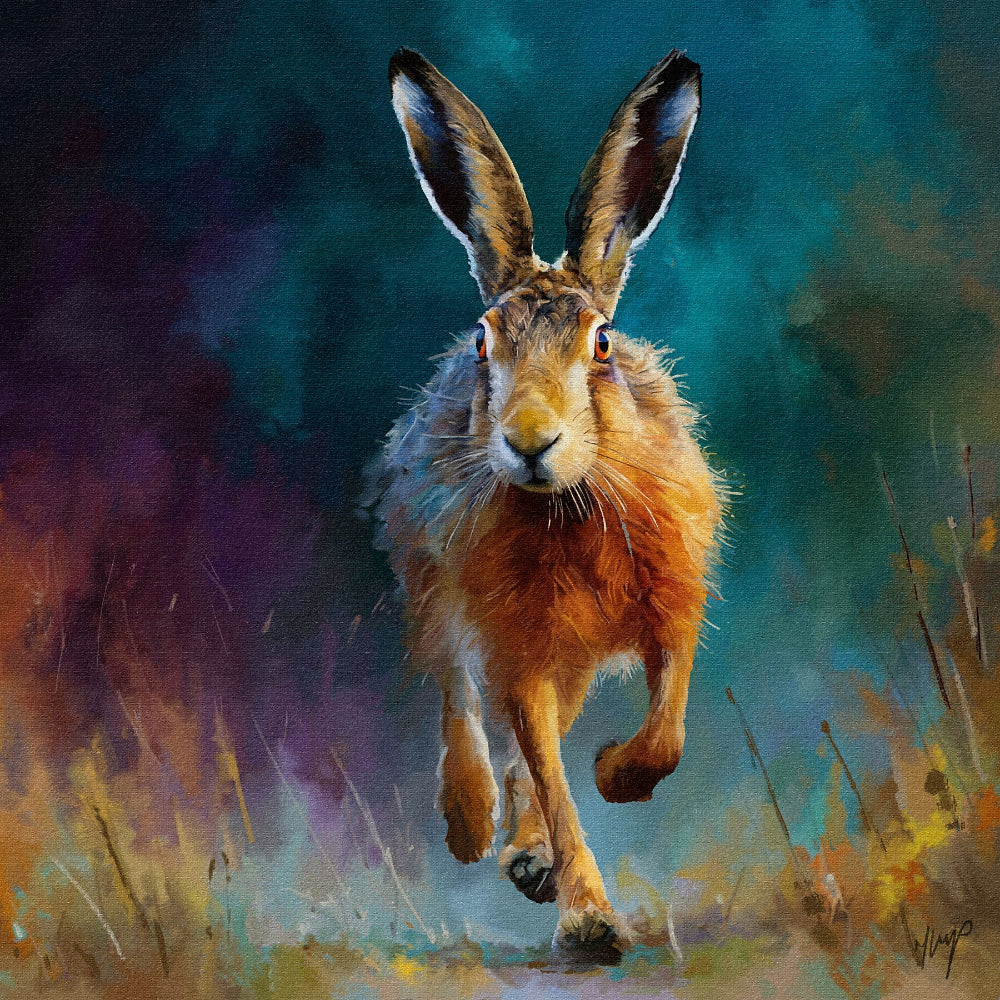 Twilight Sprint wildlife art print by Natalie Jump. A hare bounding through a field at dusk, silhouetted against a deep turquoise and purple sky.