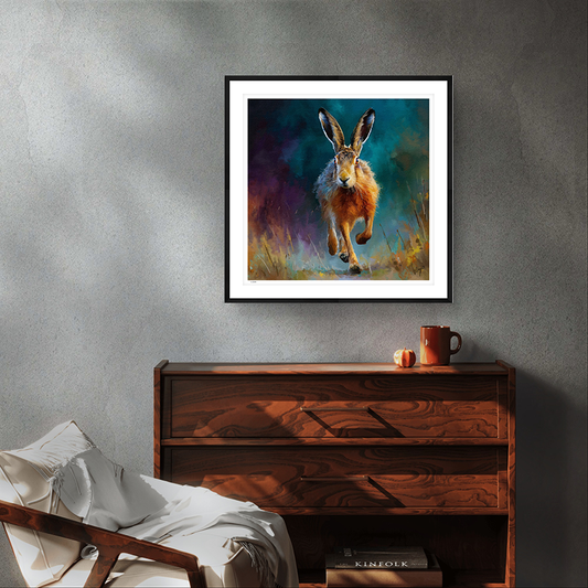 Twilight Sprint black framed wildlife art print by Natalie Jump. A hare bounding through a field at dusk, silhouetted against a deep turquoise and purple sky.
