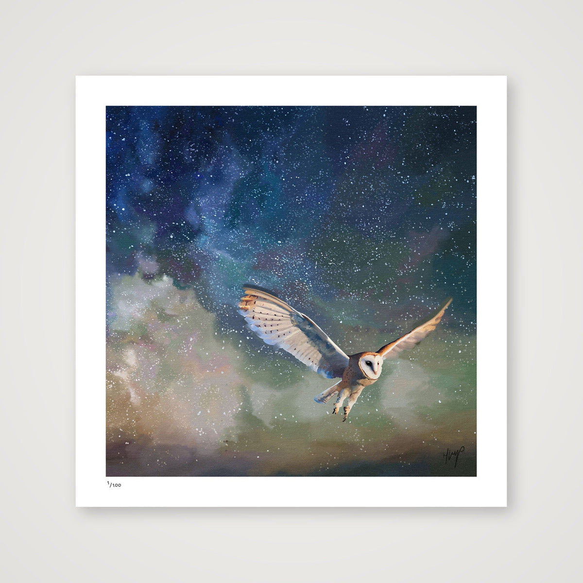 Twilight Flight wildlife art print by Natalie Jump. Gliding silently a barn owl is mid flight, wings spread out gracefully.